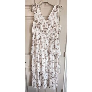 J GEE Dress Women XL White Brown Floral Tiered Maxi Smocked Waist Cottagecore